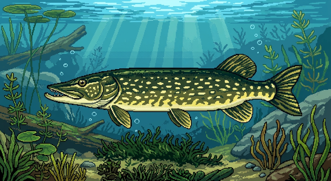 A northern pike swimming among weeds